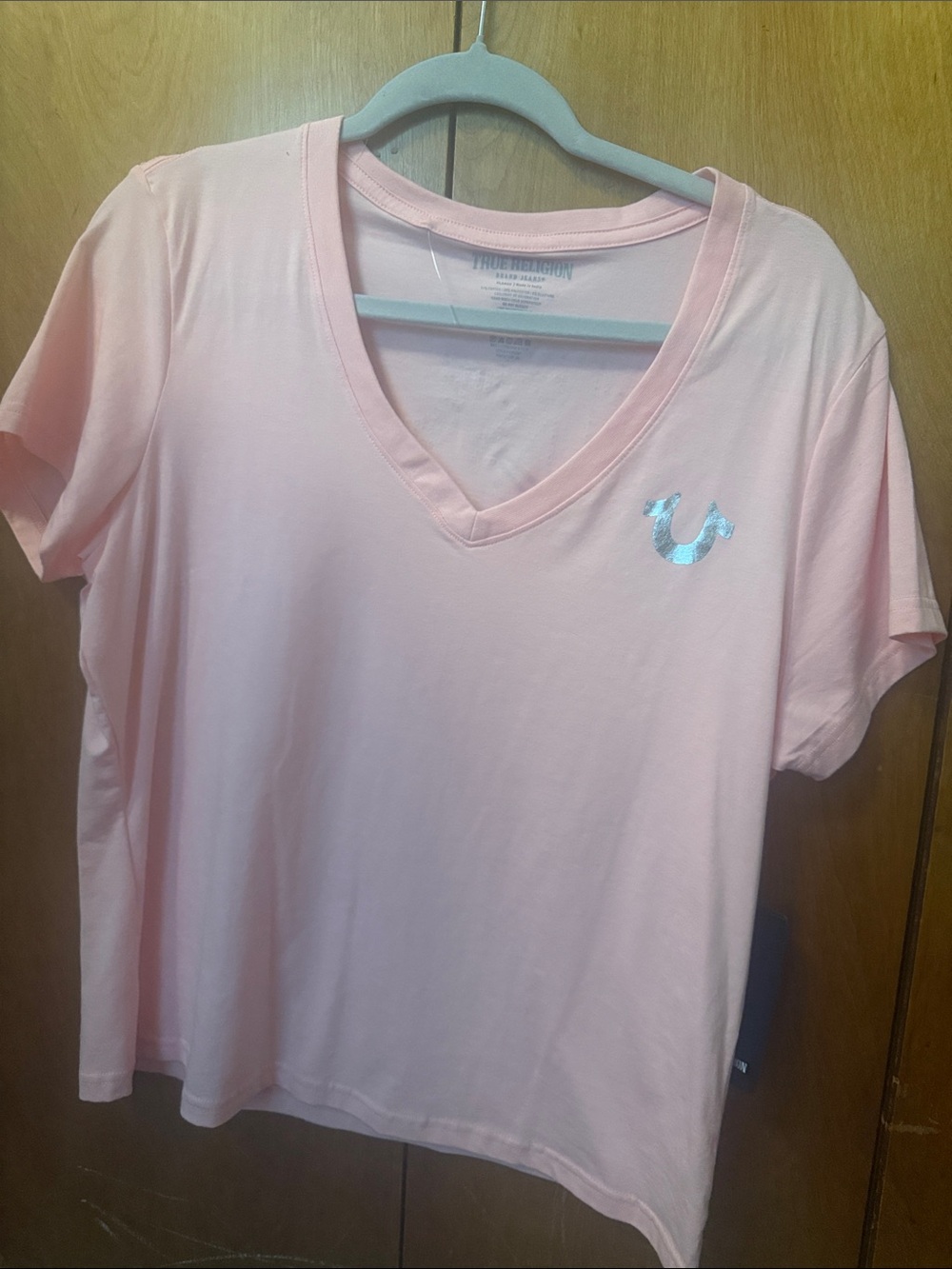 True Religion Light Pink V-Neck Tee with Metallic Logo